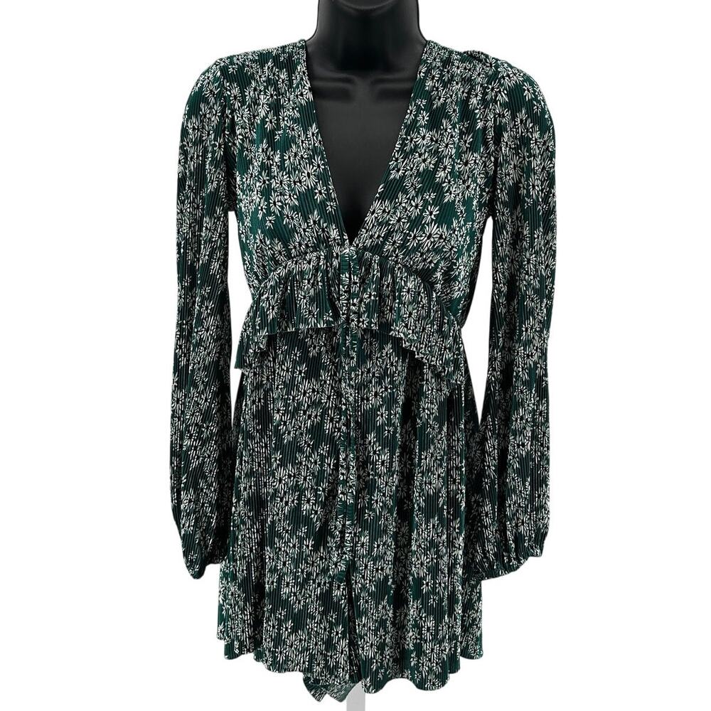 Topshop Romper WMNS 2 Floral Green Deep V-Neck Pleated Wide Leg Satin One Piece